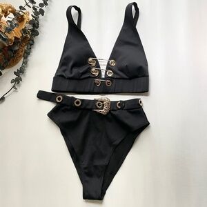 River Island High Waisted Bikini Top 2 Piece Set Swimsuit Belt Resort Hollywood